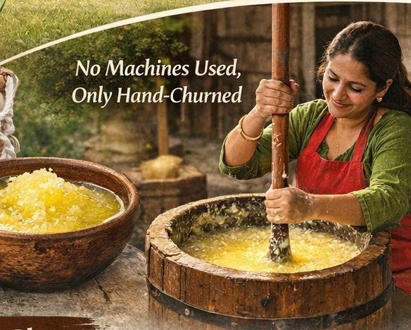 Hand churning curd the Bilona way